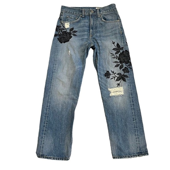 rag & bone Blue Floral Embroidered Cropped Jeans - Picture 1 of 10